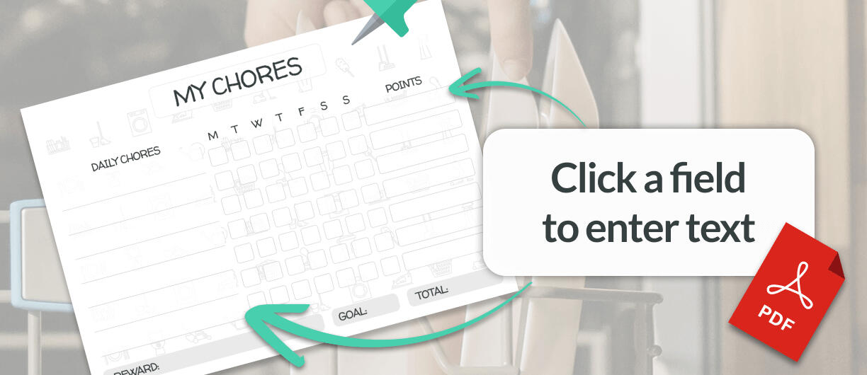Printable chore chart and template for kids – fill out directly in the PDF Illustration of a printable PDF chore template with weekdays and a point system – text reads: “Click a field to enter text”.