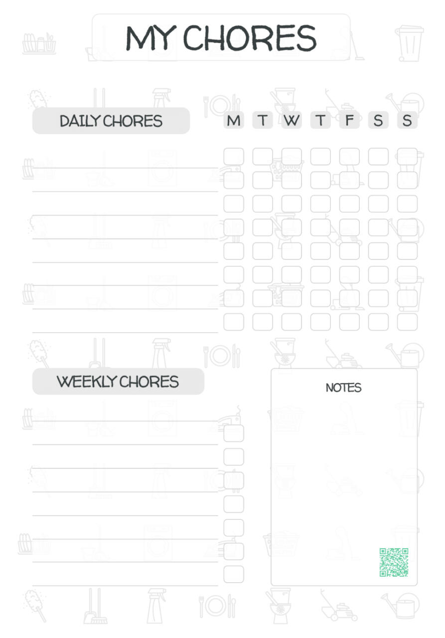 Template titled “My Chores” – overview of daily and weekly tasks organized by weekday, with a notes section included.