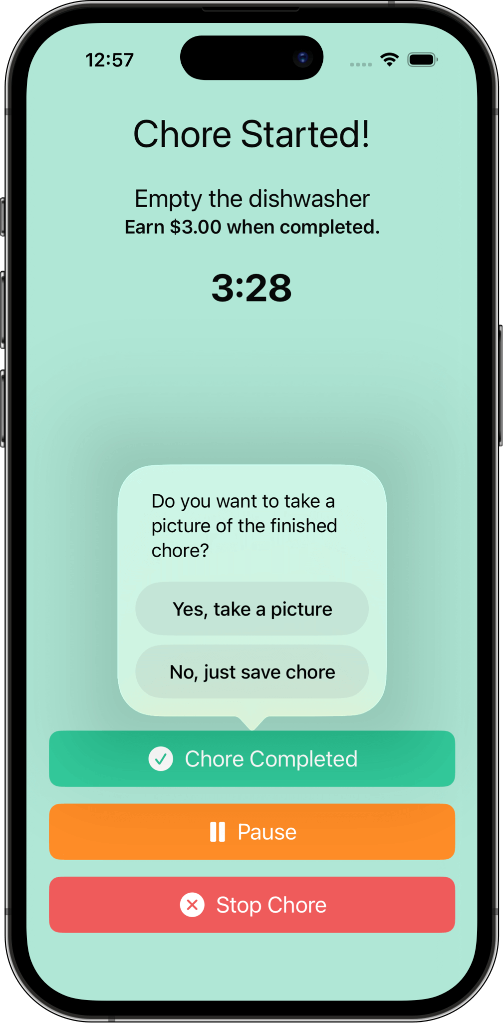 Take a photo as proof of completed chore Popup in Chore and Reward where the user can choose to take a photo as documentation for a completed chore.