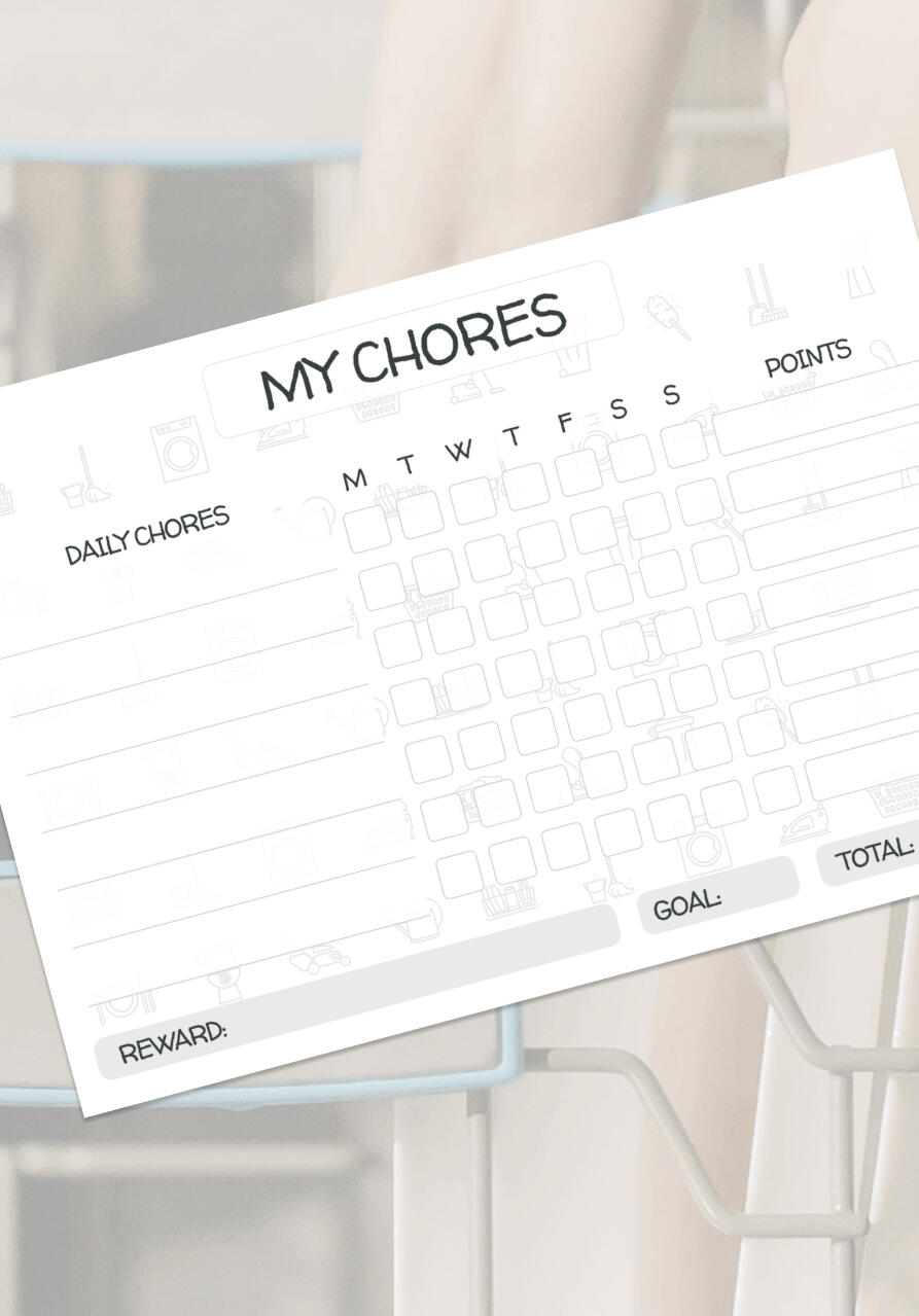 Chore chart with sections for daily tasks, point tracking, weekly goals, and reward – designed for kids and families.