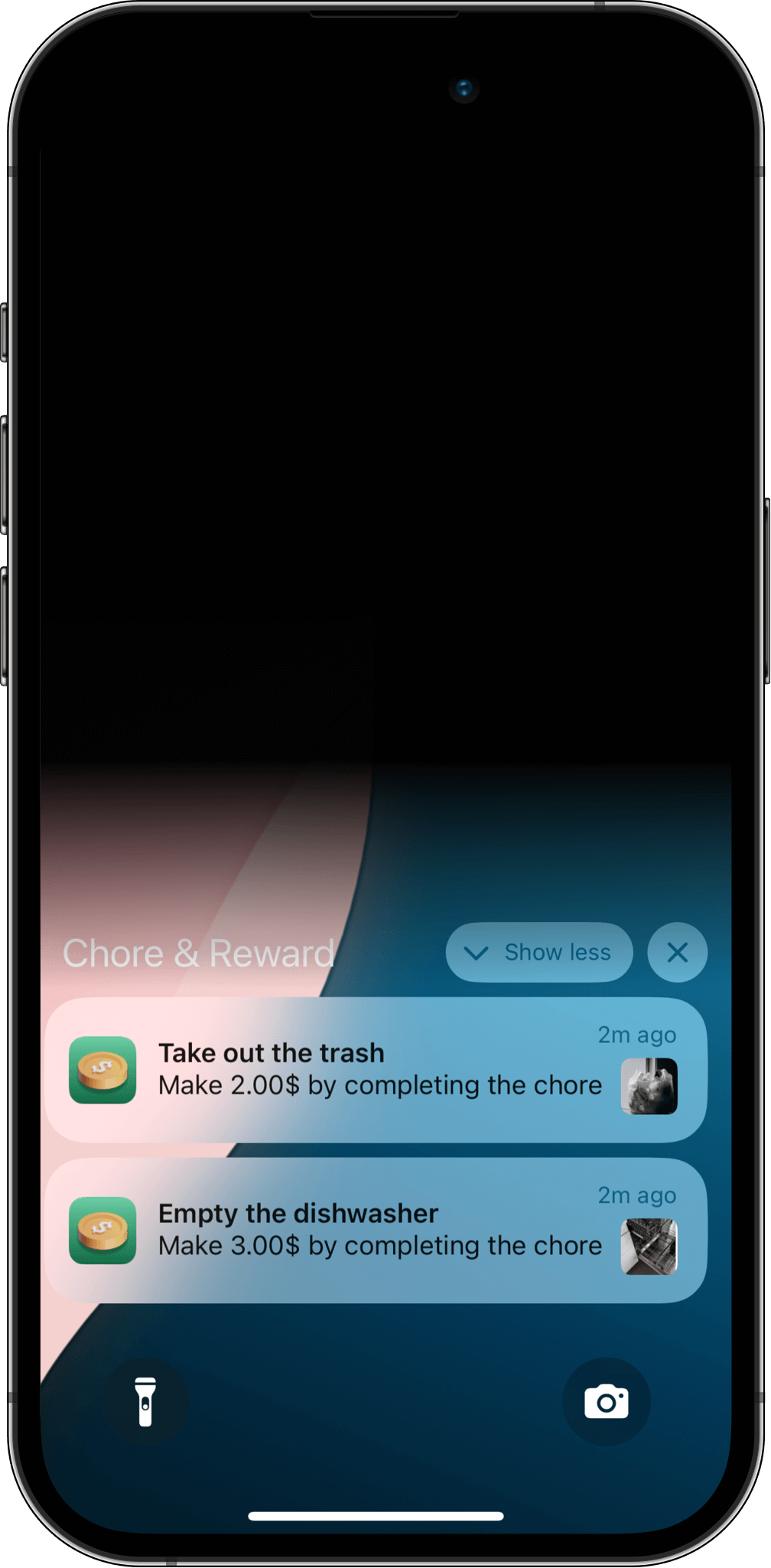 Get notifications when it’s time to do your scheduled chores Scheduled chores with notifications – showing daily reminders for household tasks like “Empty the dishwasher” and “Take out the trash” in the Chore and Reward app.
