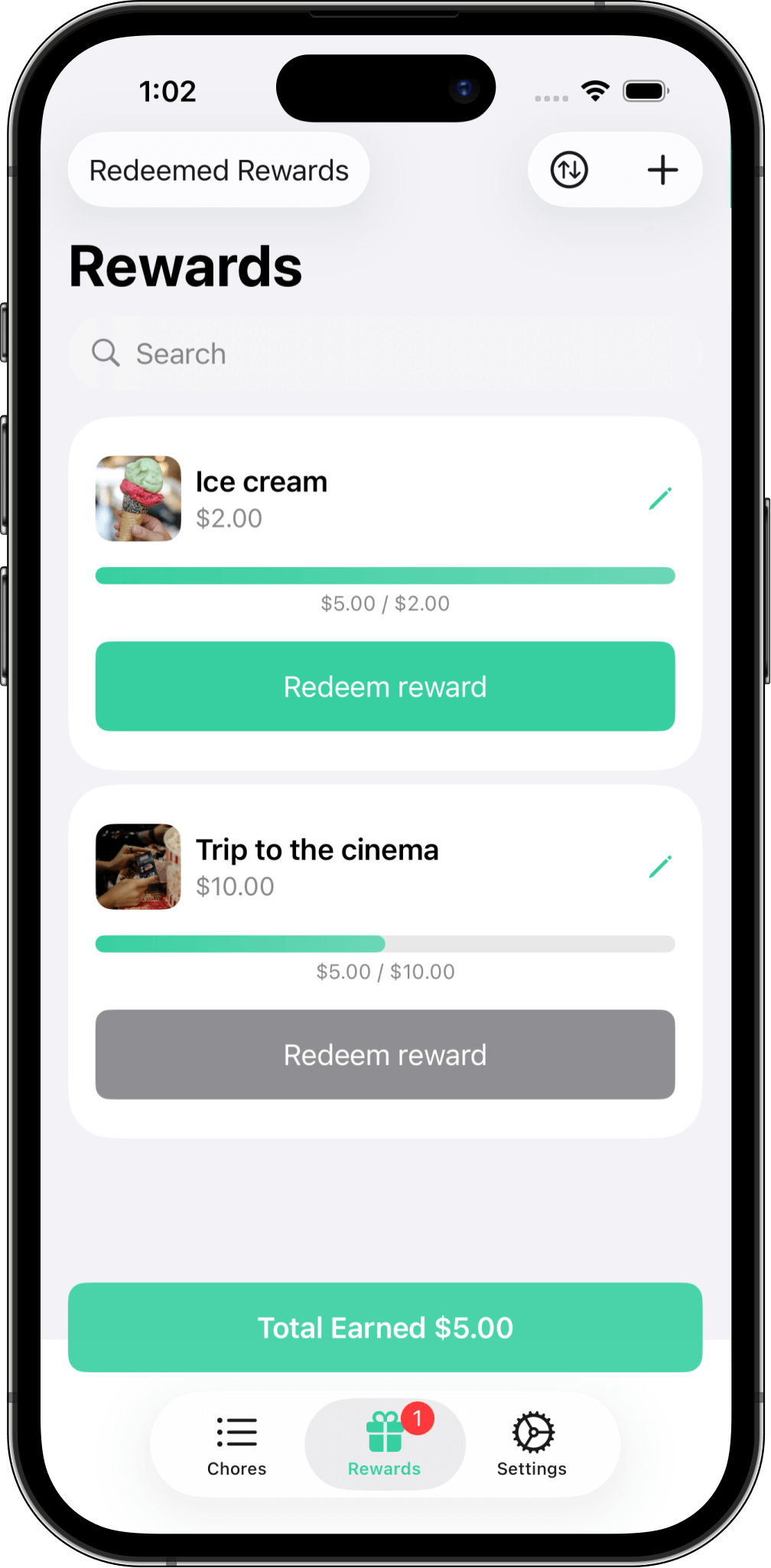 Redeem rewards earned through chores Screenshot from Chore and reward showing rewards like “Movie trip” and “Ice cream” and progress toward redemption.